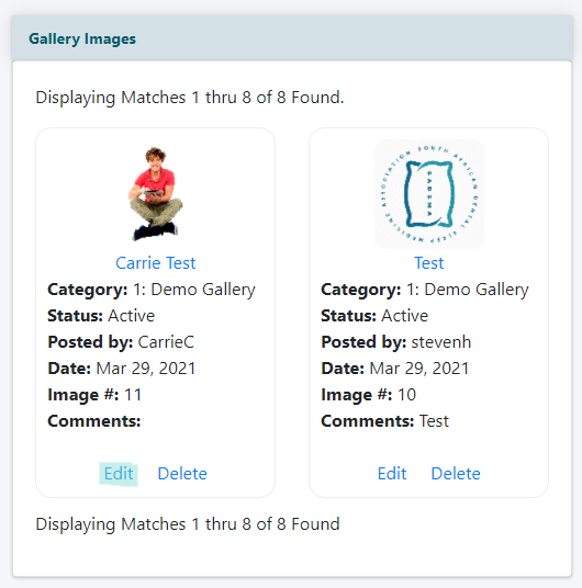 How can I edit an image gallery comment?